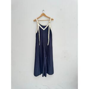 KUOSE Navy Wide Leg Jumpsuit Cream Contrast Trim Size M